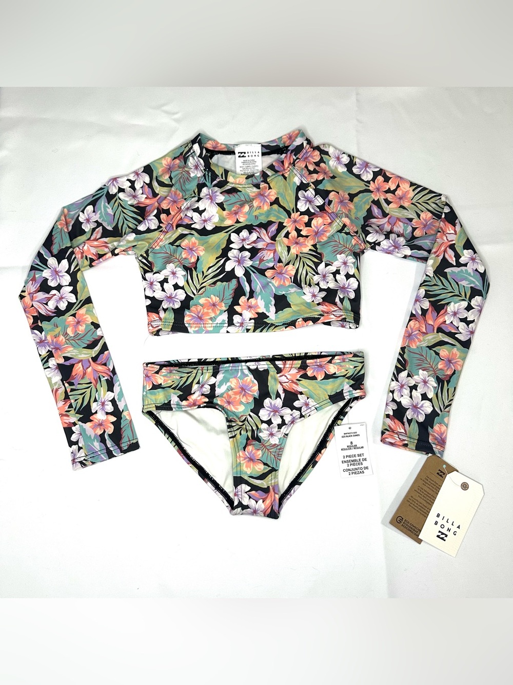 NWT Billabong Core Surfdaze Long Sleeve 2 Piece Girls Swim Floral Size 8